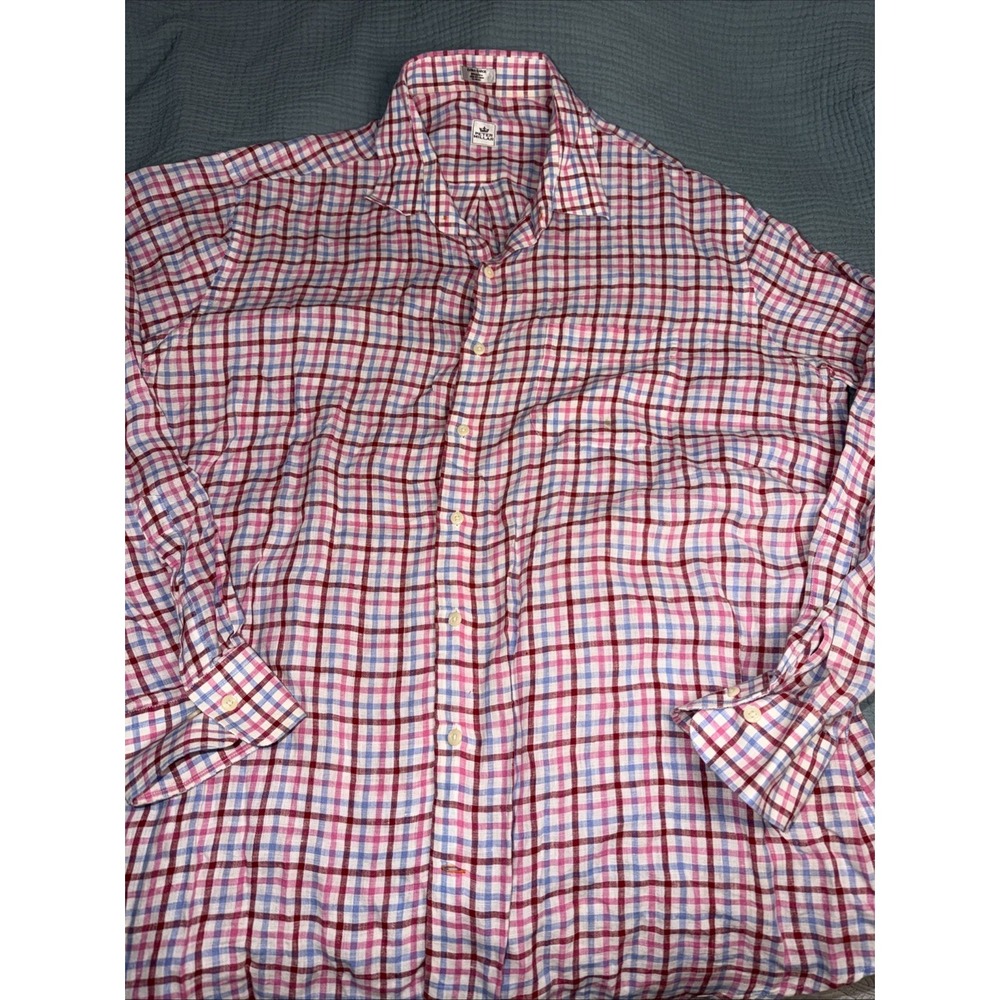 Peter Millar 100% Linen Shirt Men's XL Button Up Long Sleeve Plaid Summer